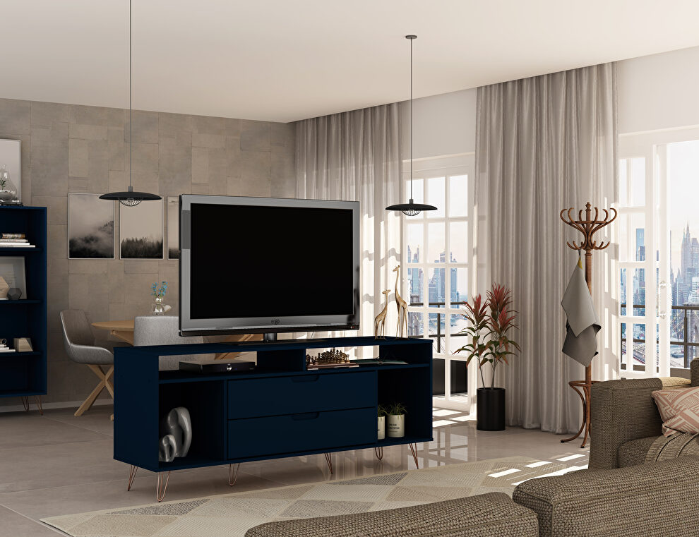 62.99 TV stand with metal legs and 2 drawers in tatiana midnight blue by Manhattan Comfort