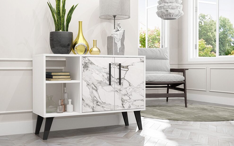 Mid-century- modern 35.43 sideboard with 4 shelves in white marble by Manhattan Comfort