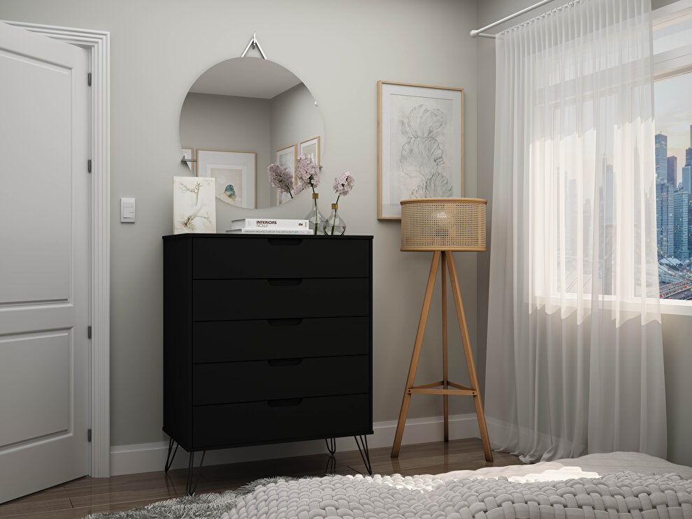 5-drawer tall dresser with metal legs in black by Manhattan Comfort