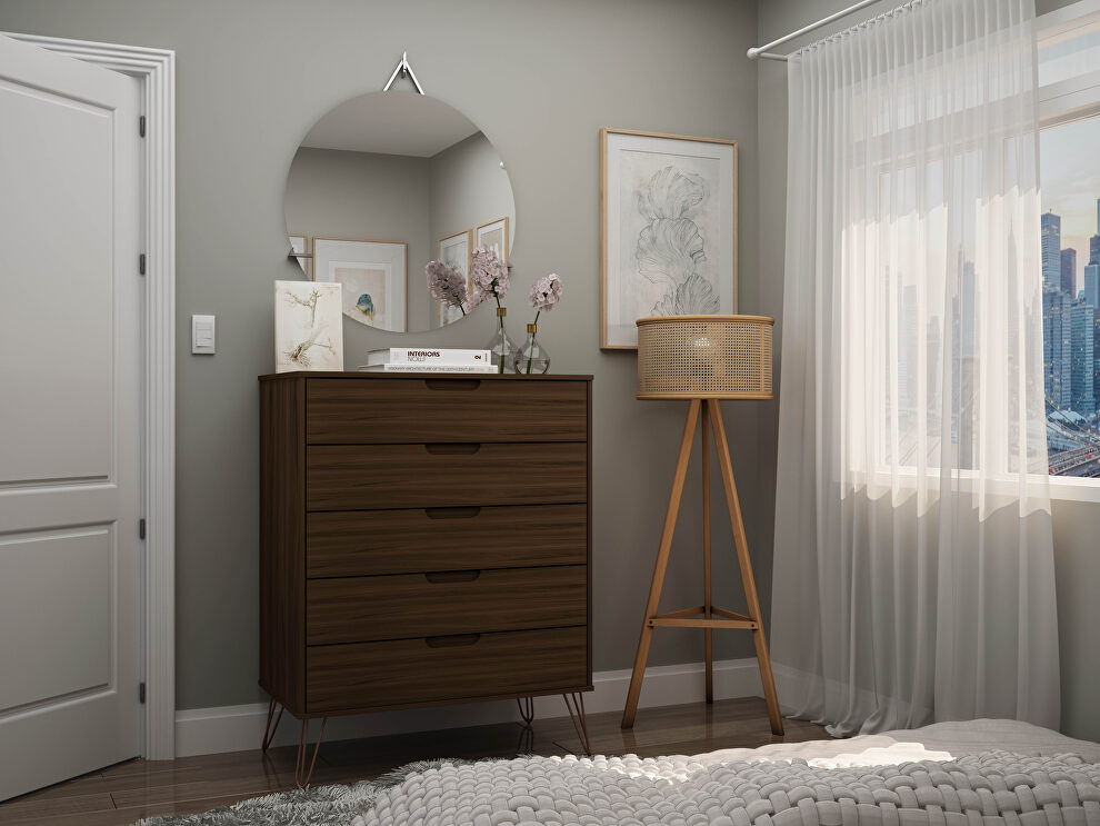 5-drawer tall dresser with metal legs in brown by Manhattan Comfort