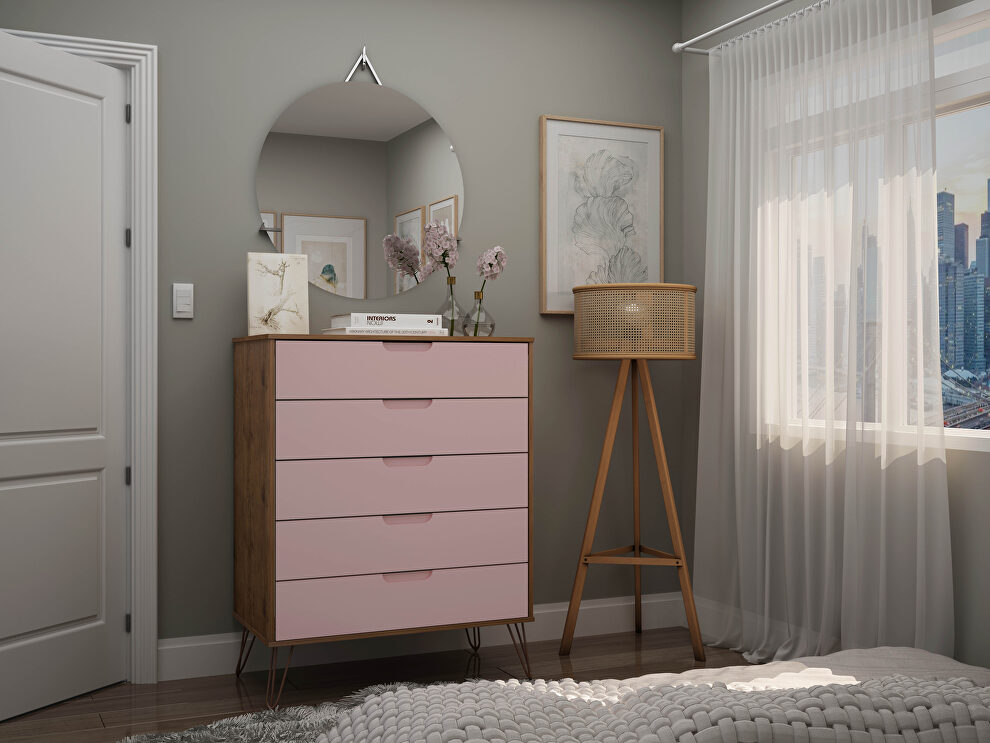 5-drawer tall dresser with metal legs in nature and rose pink by Manhattan Comfort