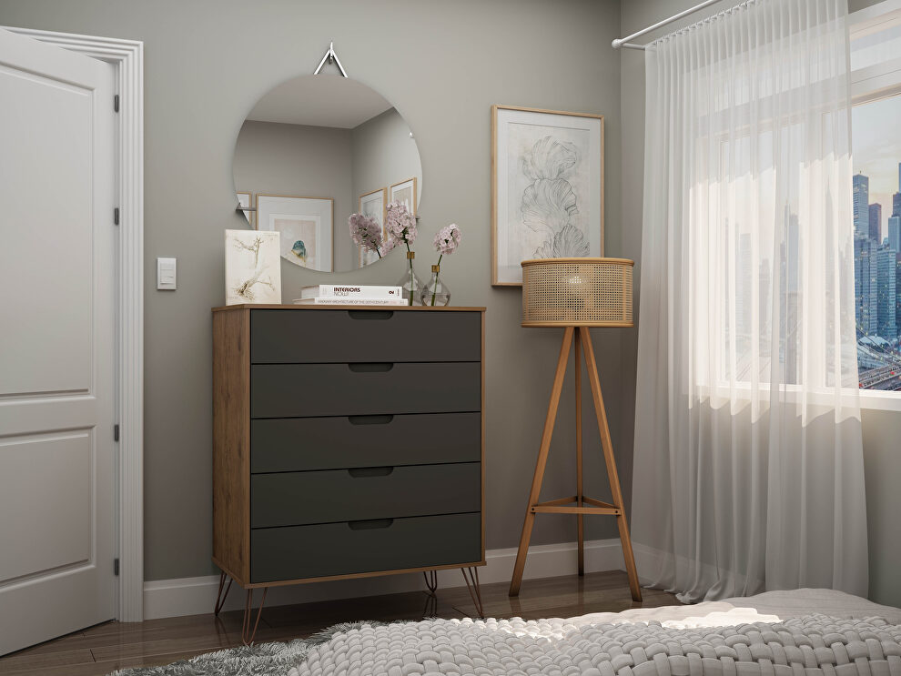 5-drawer tall dresser with metal legs in nature and textured gray by Manhattan Comfort