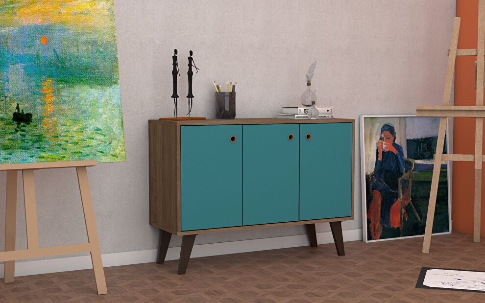 Mid-century- modern 35.43 sideboard 2.0 with 3 shelves in oak and aqua blue by Manhattan Comfort
