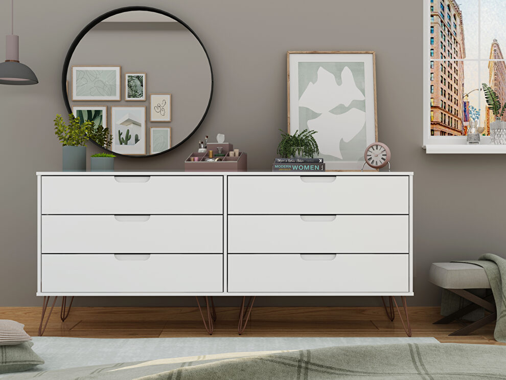 6-drawer double low dresser with metal legs in white by Manhattan Comfort