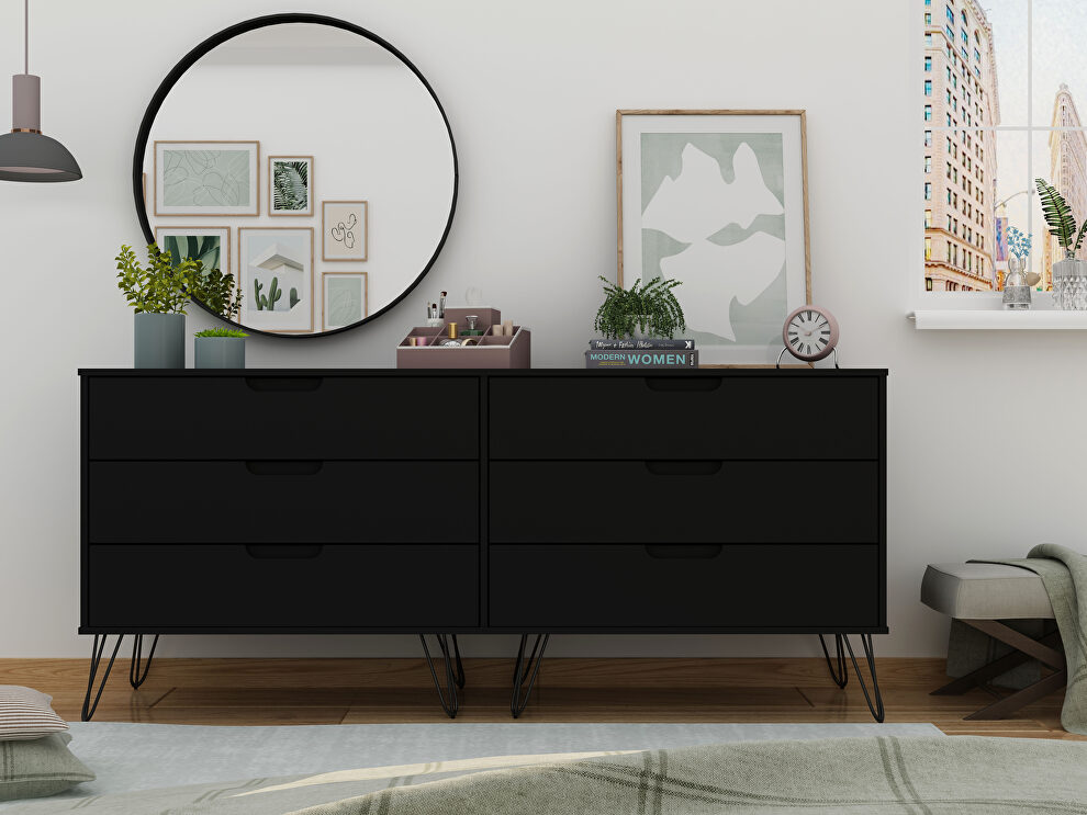 6-drawer double low dresser with metal legs in black by Manhattan Comfort