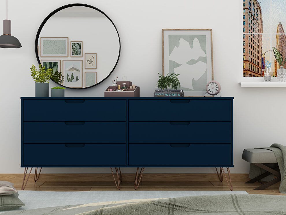 6-drawer double low dresser with metal legs in tatiana midnight blue by Manhattan Comfort