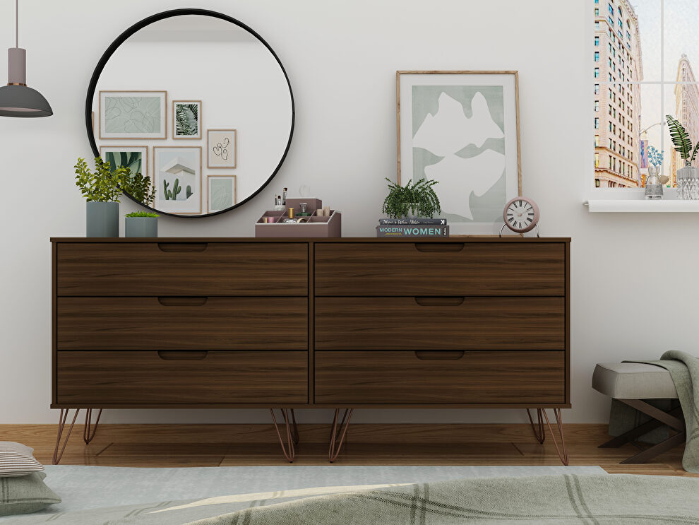 6-drawer double low dresser with metal legs in brown by Manhattan Comfort