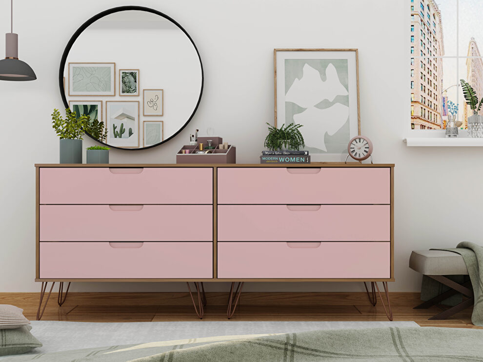 6-drawer double low dresser with metal legs in native and rose pink by Manhattan Comfort