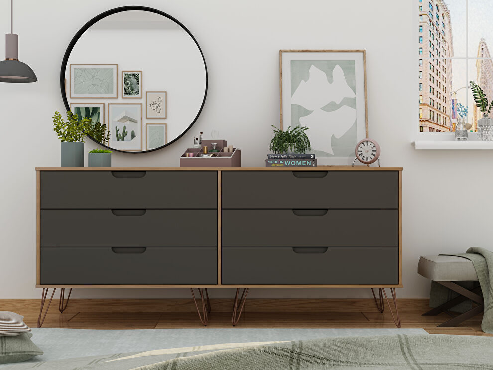 6-drawer double low dresser with metal legs in nature and textured gray by Manhattan Comfort