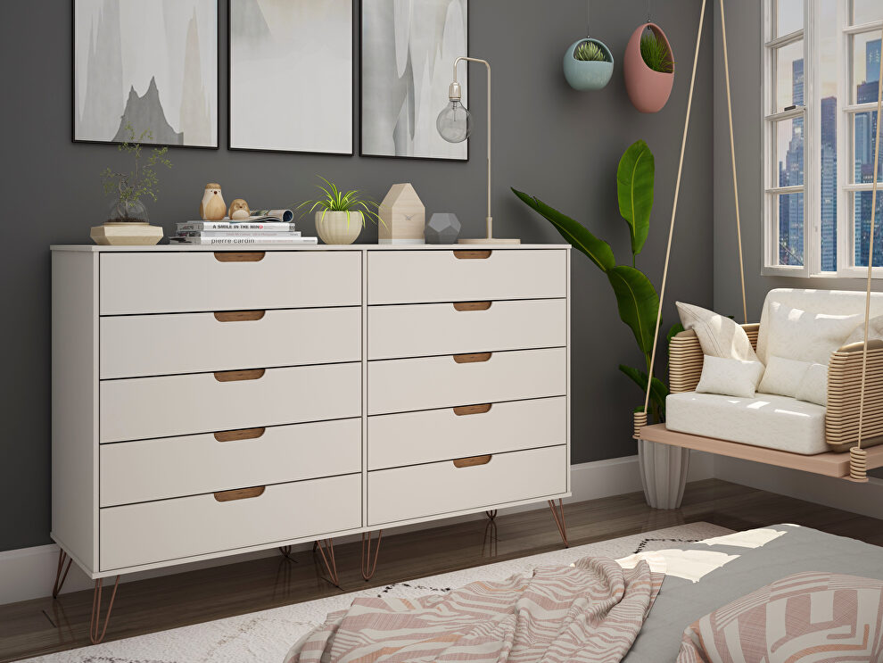 10-drawer double tall dresser with metal legs in off white and nature by Manhattan Comfort