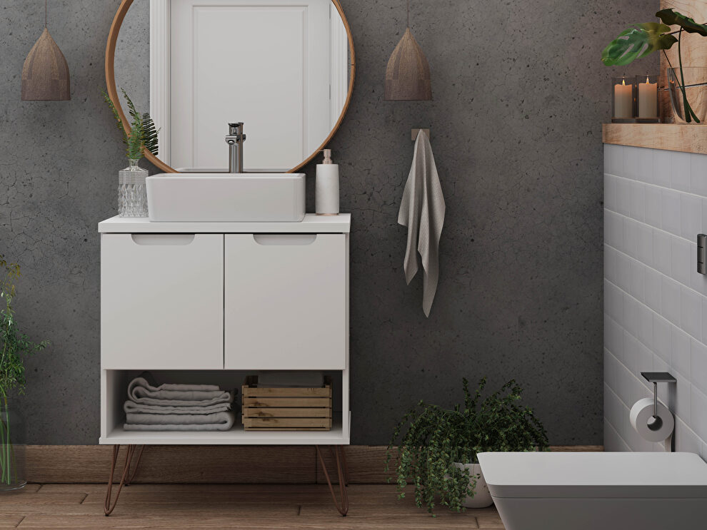 Bathroom vanity sink 2.0 with metal legs in white by Manhattan Comfort