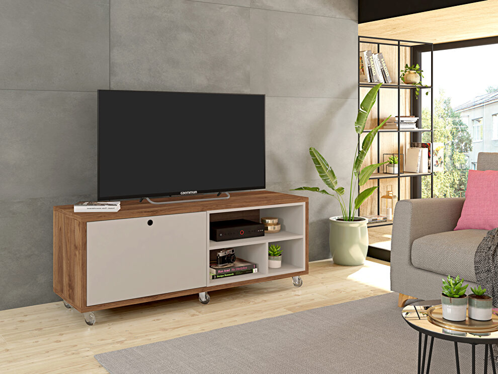 Tv stand with casters in off white and nature by Manhattan Comfort