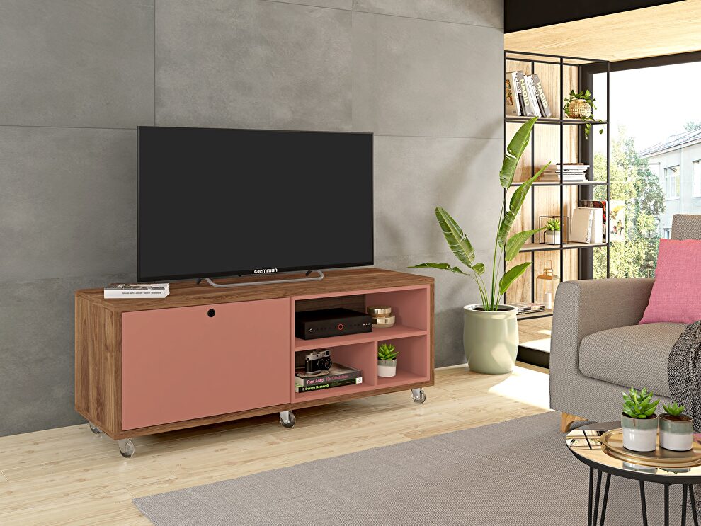 Tv stand with casters in ceramic pink and nature by Manhattan Comfort