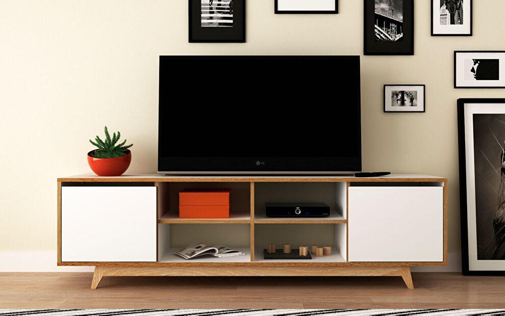 Mid-century - modern 63 TV stand in with 8 shelves white and pine wood by Manhattan Comfort