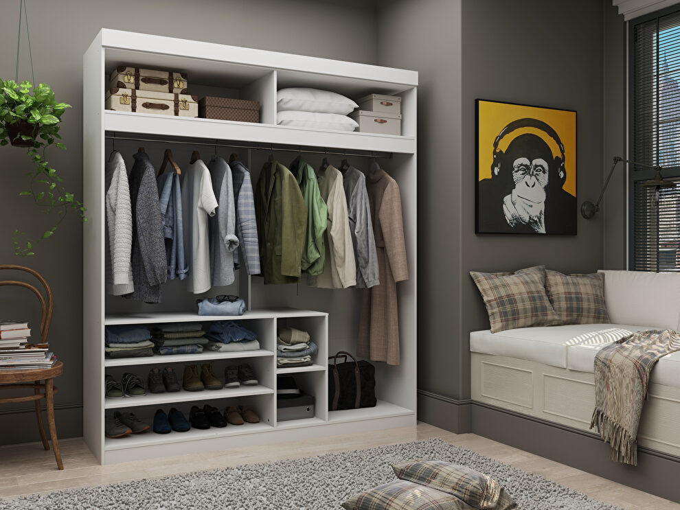 Open long hanging wardrobe closet with shoe storage in white by Manhattan Comfort
