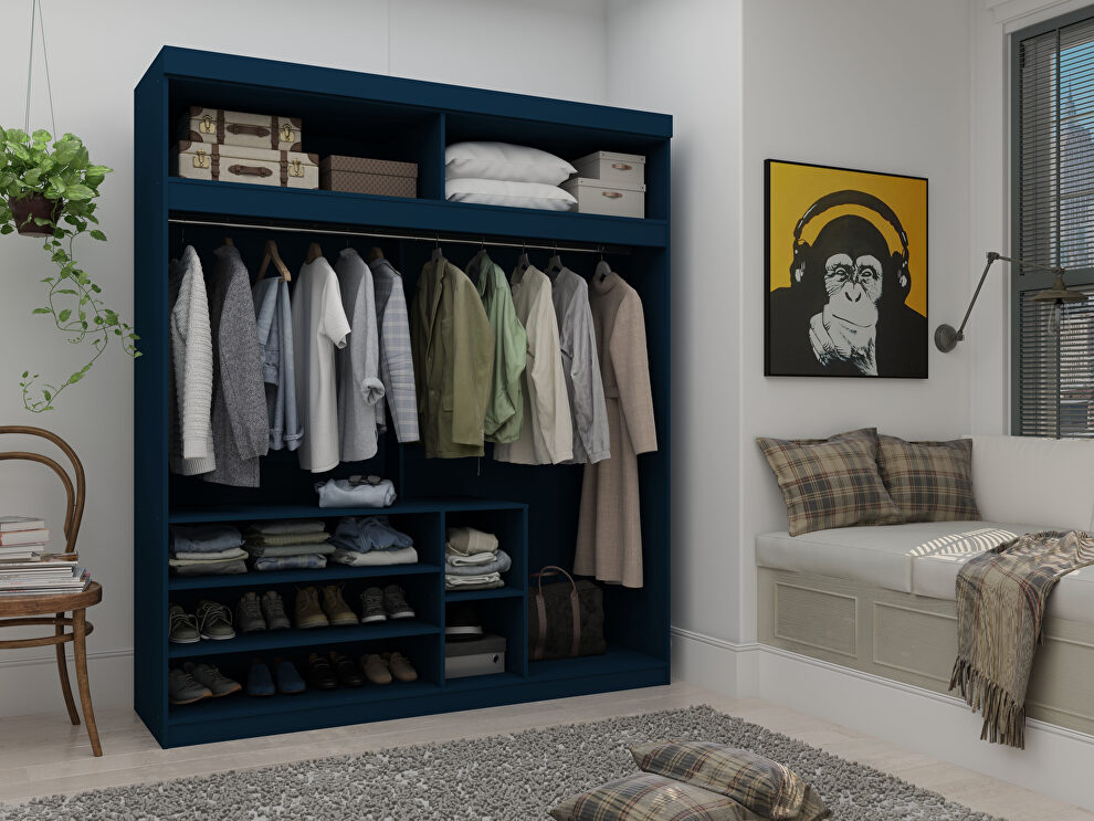 Open long hanging wardrobe closet with shoe storage in tatiana midnight blue by Manhattan Comfort