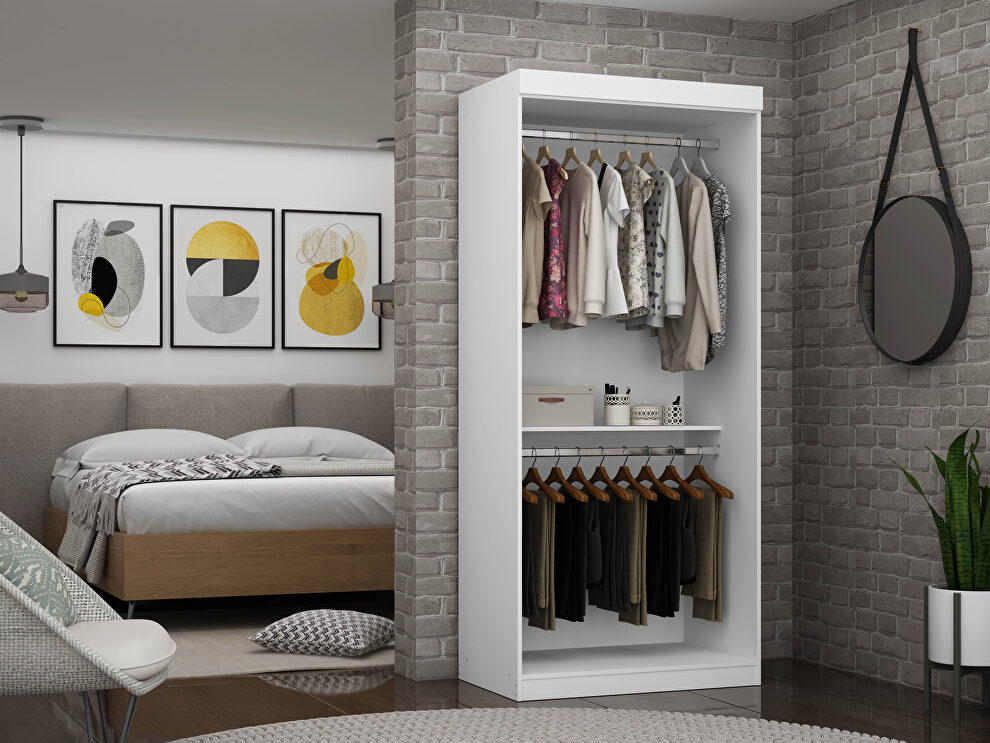 Open double hanging modern wardrobe closet with 2 hanging rods in white by Manhattan Comfort