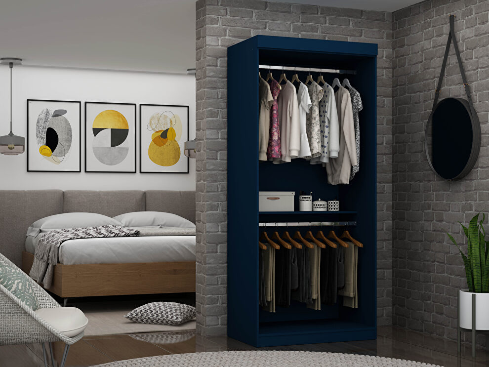 Open double hanging modern wardrobe closet with 2 hanging rods in tatiana midnight blue by Manhattan Comfort