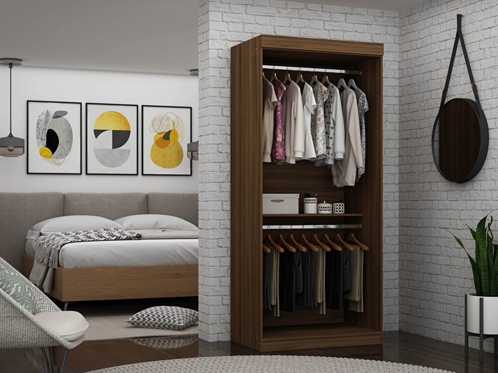 Open double hanging modern wardrobe closet with 2 hanging rods in brown by Manhattan Comfort