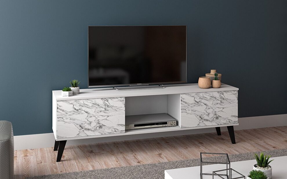 53.15 mid-century modern TV stand in white and marble stamp by Manhattan Comfort