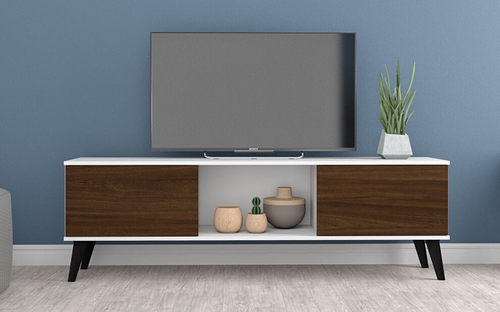 62.20 mid-century modern TV stand in white and nut brown by Manhattan Comfort