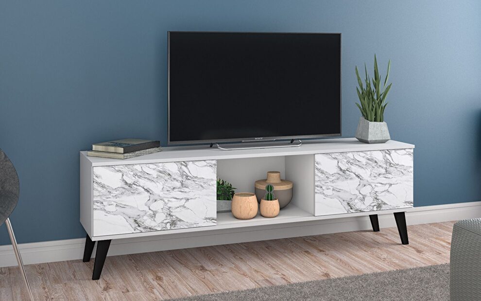 62.20 mid-century modern TV stand in white and marble stamp by Manhattan Comfort