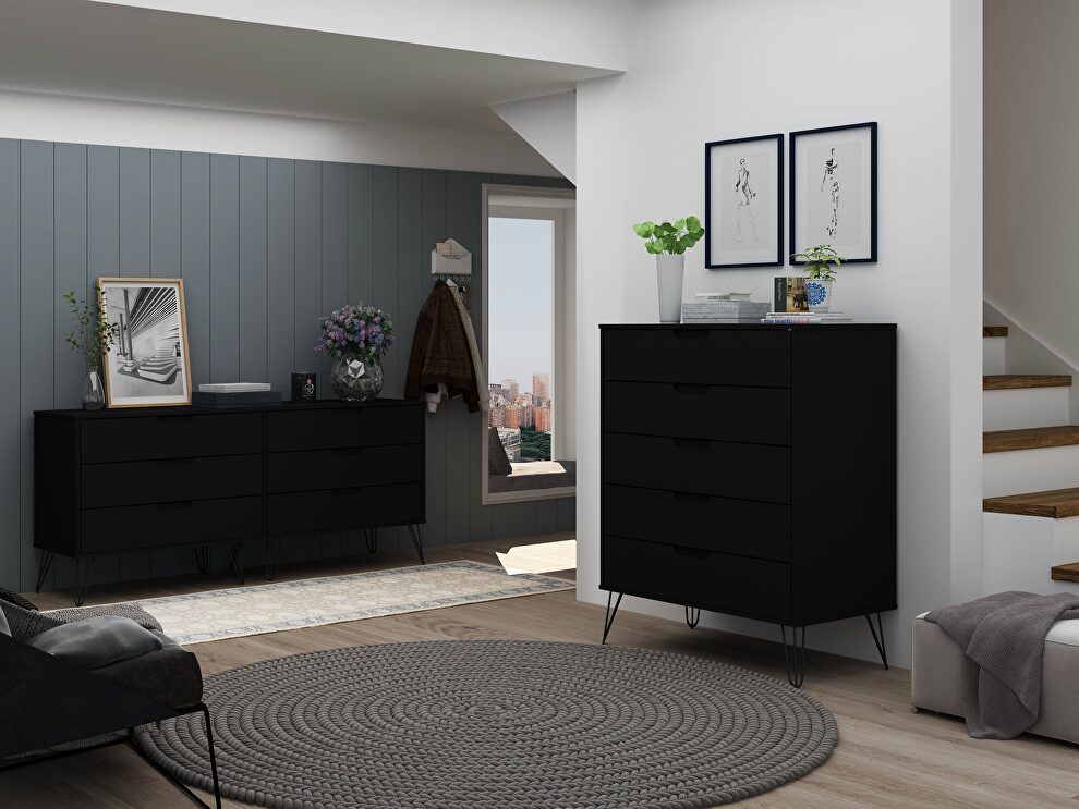 5-drawer and 6-drawer black dresser set by Manhattan Comfort