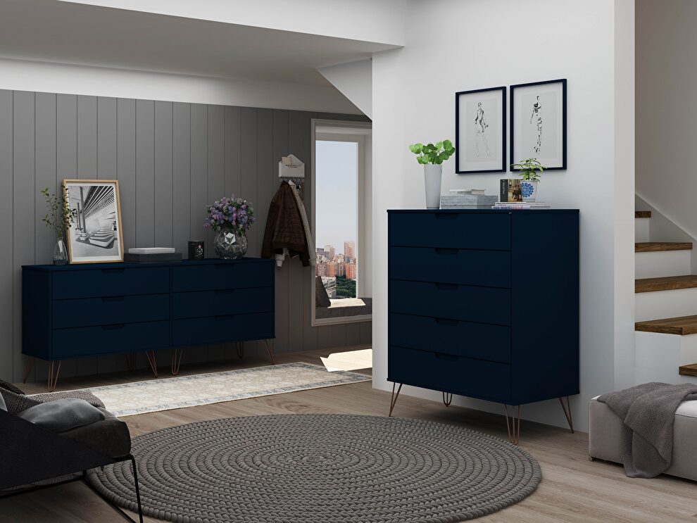 5-drawer and 6-drawer tatiana midnight blue dresser set by Manhattan Comfort