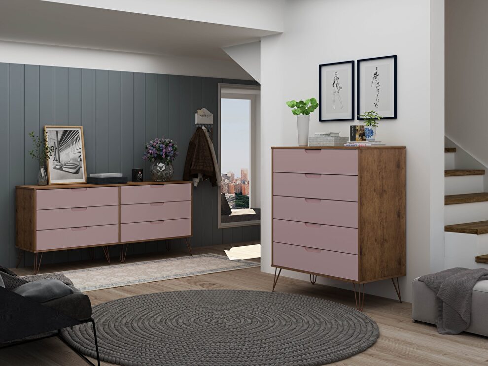 5-drawer and 6-drawer nature and rose pink dresser set by Manhattan Comfort