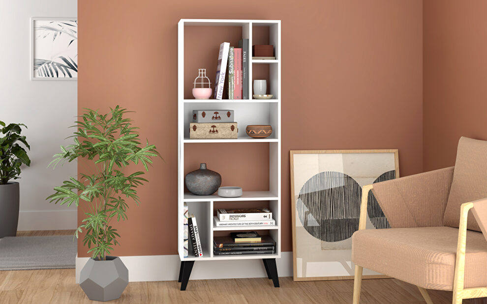 Tall bookcase with 8 shelves in white with black feet by Manhattan Comfort