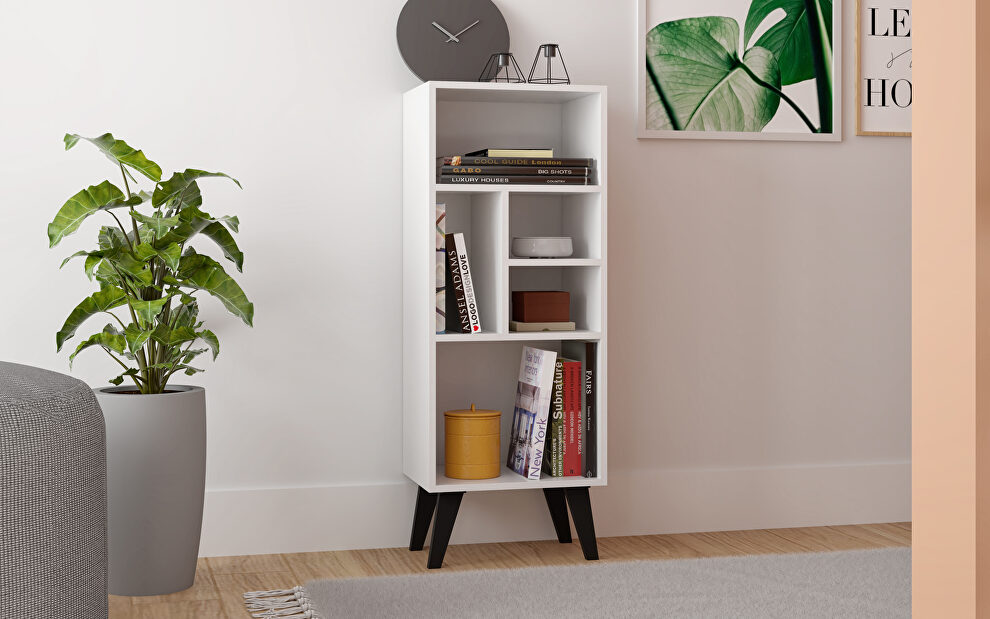 Mid-high bookcase with 5 shelves in white with black feet by Manhattan Comfort