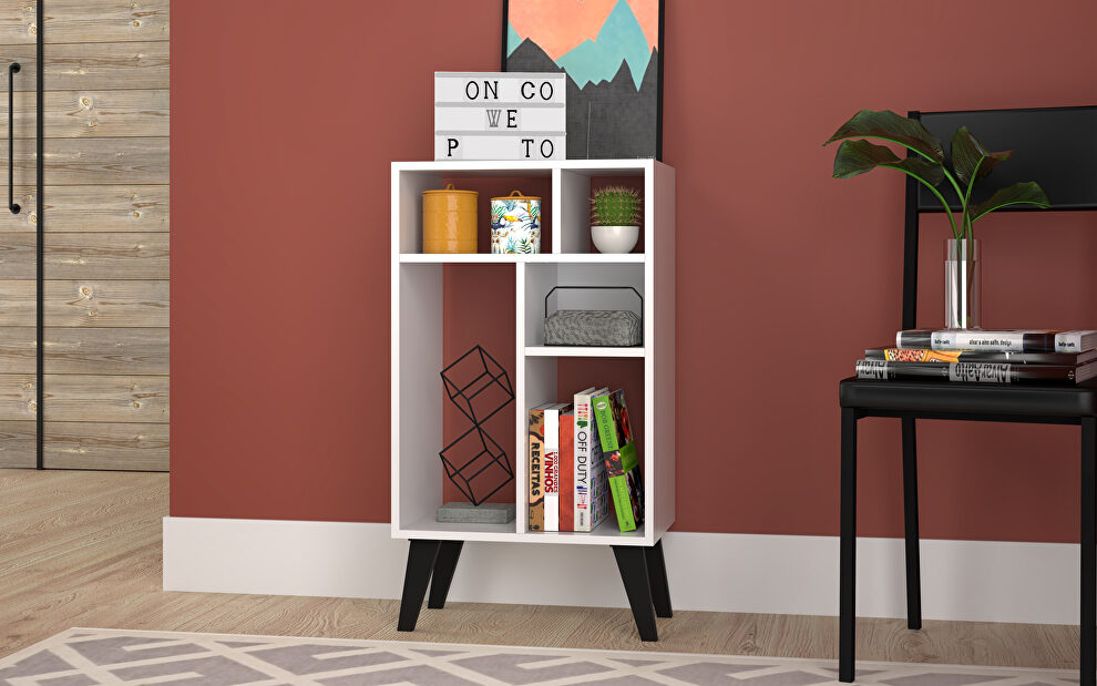 Low bookcase with 5 shelves in white with black feet by Manhattan Comfort