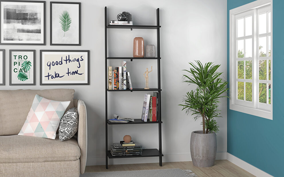 5-shelf floating  ladder bookcase in black by Manhattan Comfort
