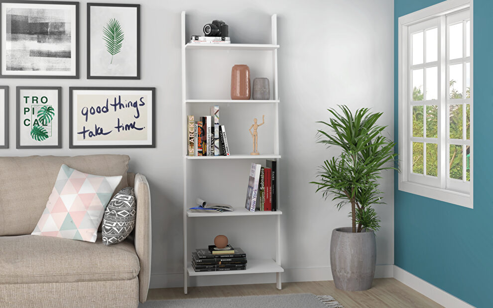 5-shelf  floating ladder bookcase in white by Manhattan Comfort