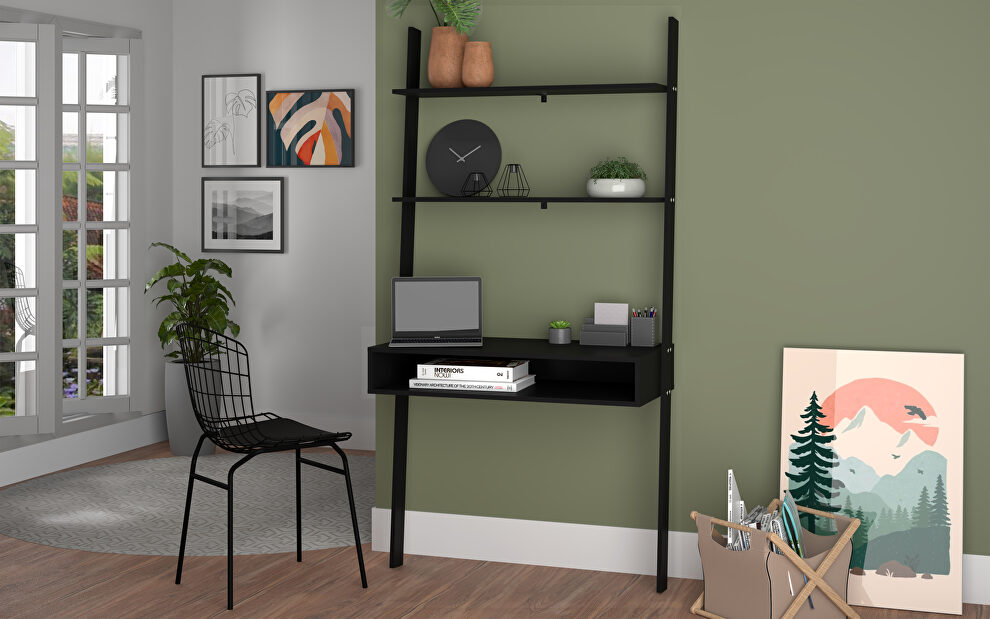 Ladder desk with 2 floating shelves in black by Manhattan Comfort