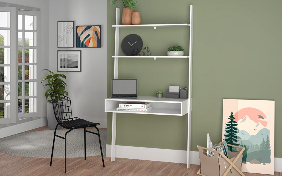 Ladder desk with 2 floating shelves in white by Manhattan Comfort