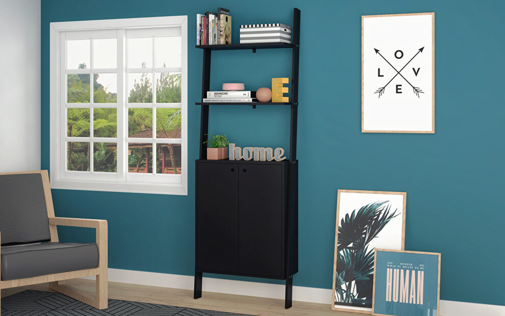 Ladder display cabinet with 2 floating shelves in black by Manhattan Comfort