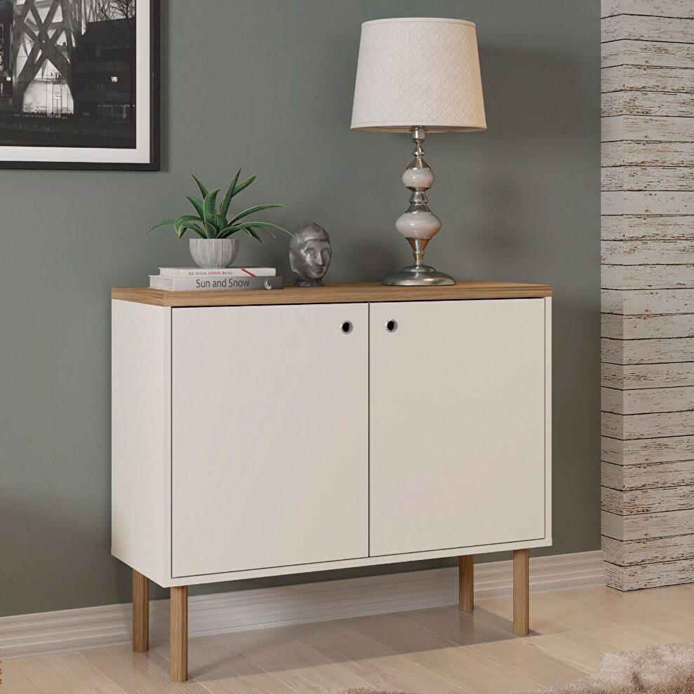 35.43 modern accent cabinet with solid top board and legs in off white and nature by Manhattan Comfort