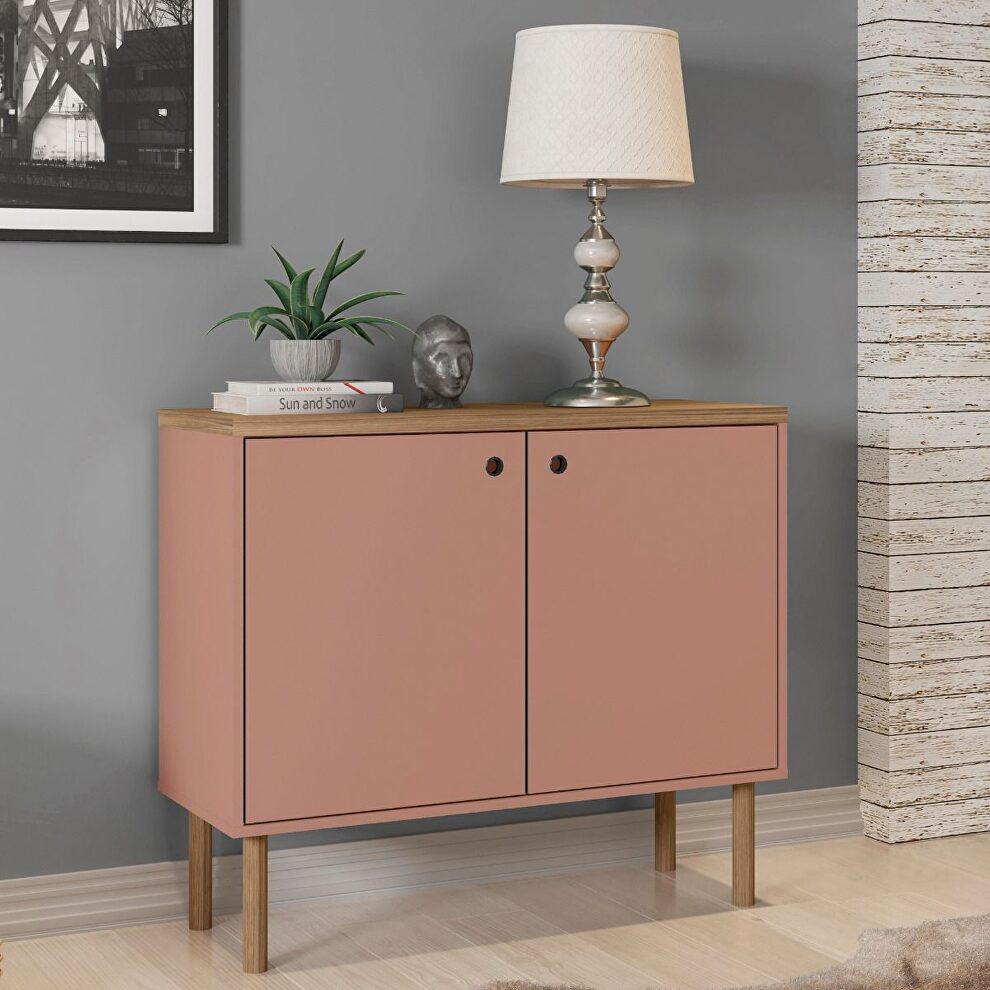 35.43 modern accent cabinet with solid top board and legs in ceramic pink and nature by Manhattan Comfort