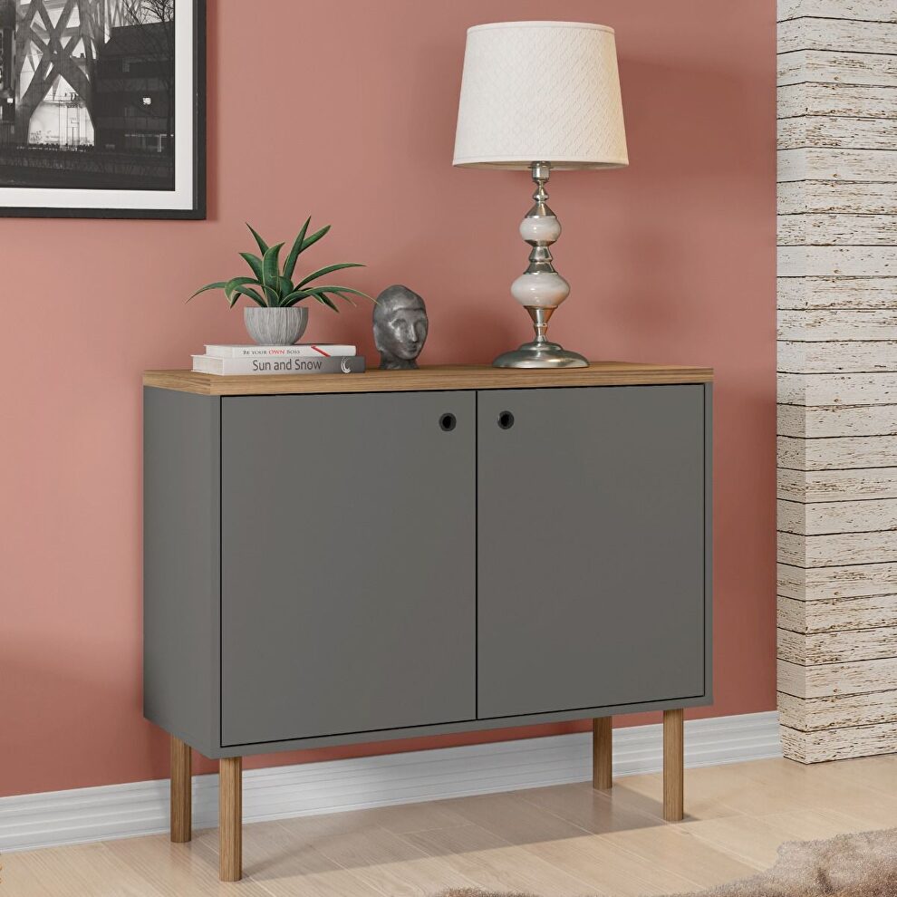 35.43 modern accent cabinet with solid top board and legs in gray and nature by Manhattan Comfort