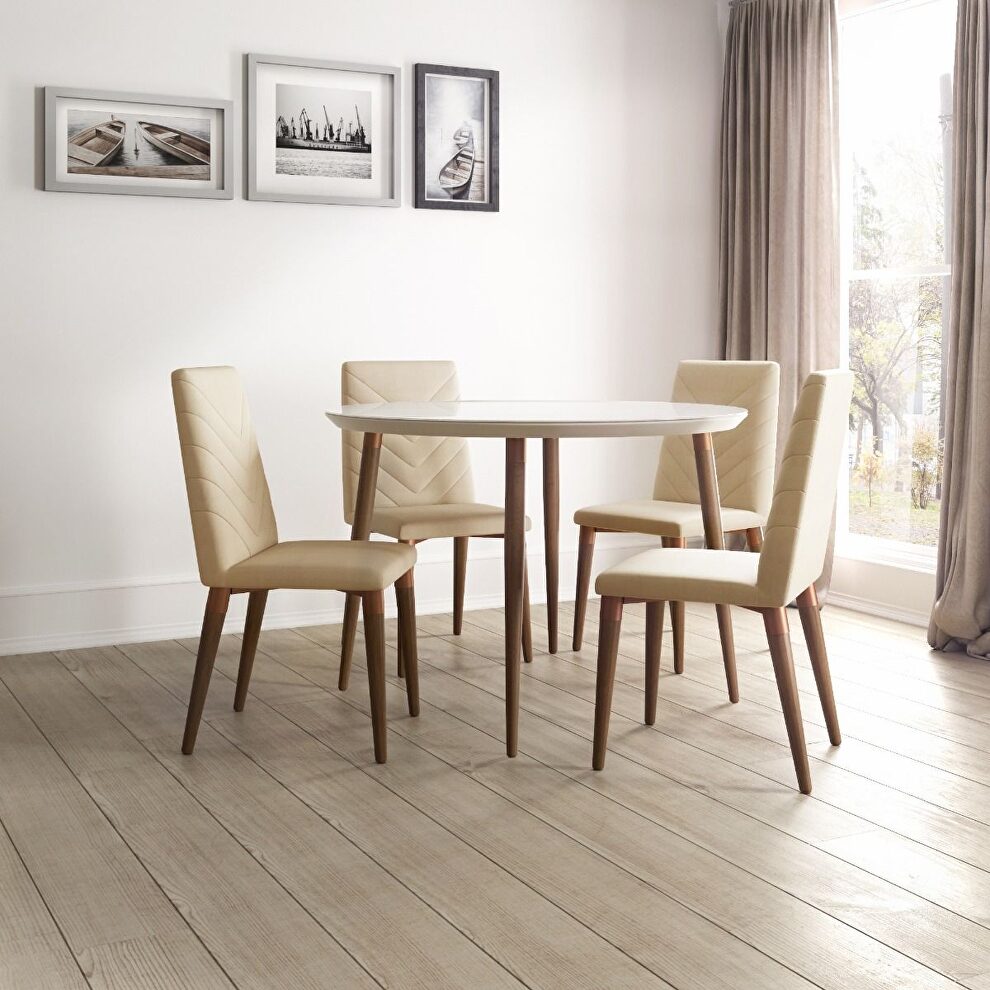 Utopia 45.28 modern round dining table with chevron dining chairs in off white and beige - set of 5 by Manhattan Comfort