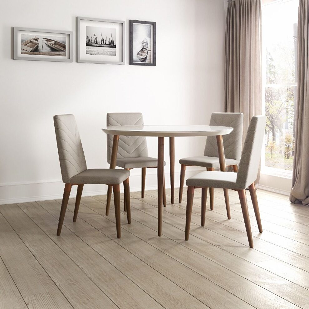 Utopia 45.28 modern round dining table with chevron dining chairs in off white and gray - set of 5 by Manhattan Comfort
