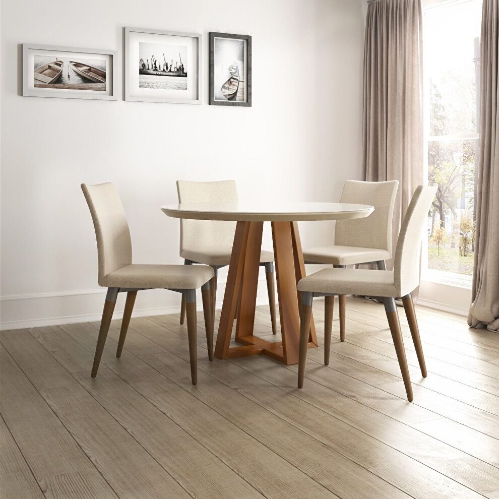 Duffy 45.27 modern round dining table and charles dining chairs in off white and dark beige- set of 5 by Manhattan Comfort