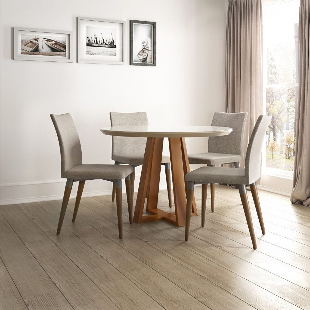 Duffy 45.27 modern round dining table and charles dining chairs in off white and dark gray- set of 5 by Manhattan Comfort