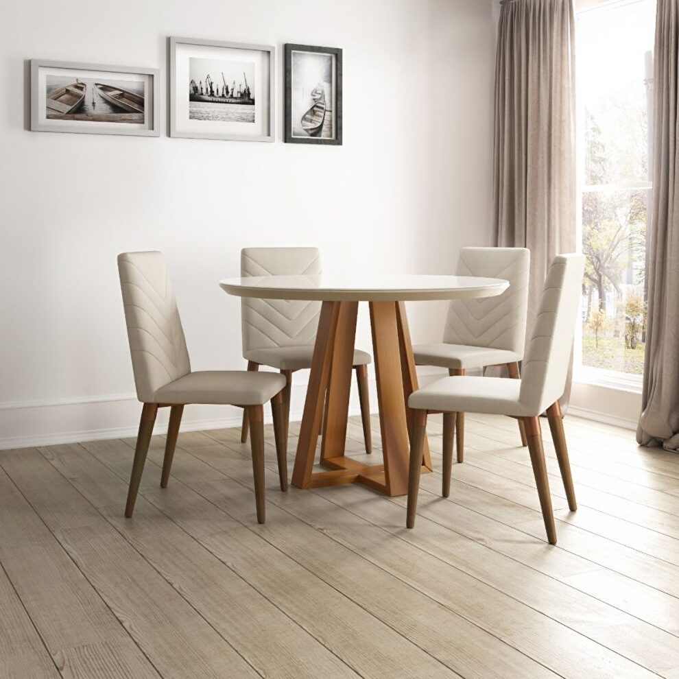 Duffy 45.27 modern round dining table and utopia chevron dining chairs in off white and beige - set of 5 by Manhattan Comfort