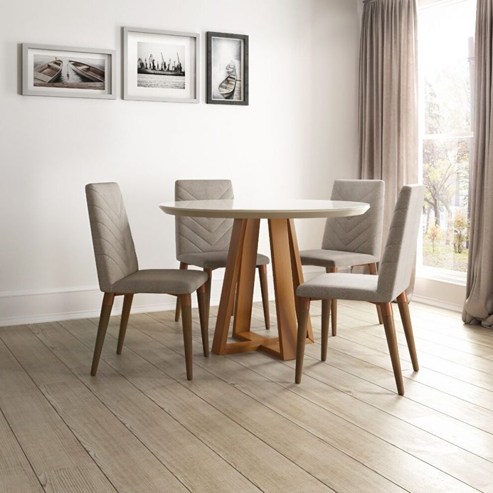 Duffy 45.27 modern round dining table and utopia chevron dining chairs in off white and gray - set of 5 by Manhattan Comfort