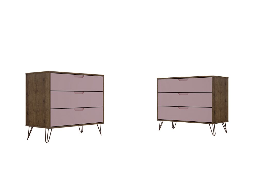 3-drawer nature and rose pink dresser (set of 2) by Manhattan Comfort