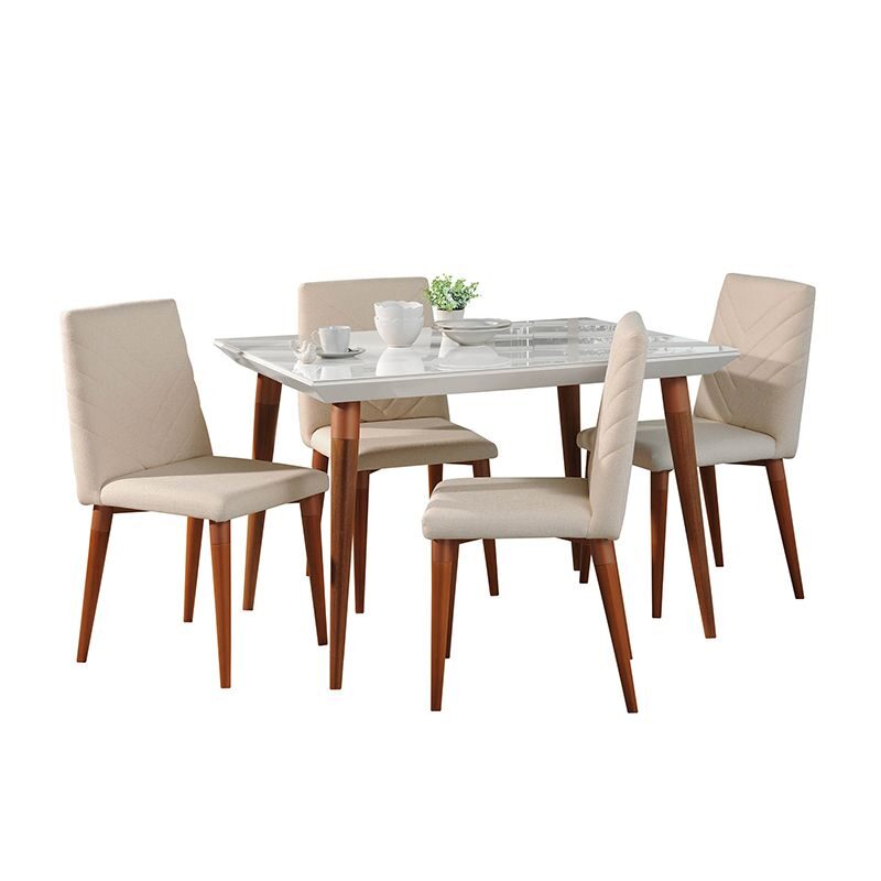 5-piece 47.24 dining set with 4 dining chairs in white gloss and beige by Manhattan Comfort