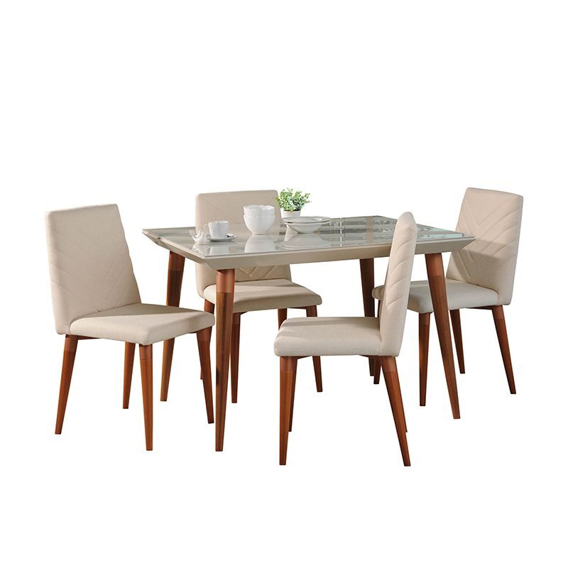 5-piece 47.24 dining set with 4 dining chairs in off white and beige by Manhattan Comfort