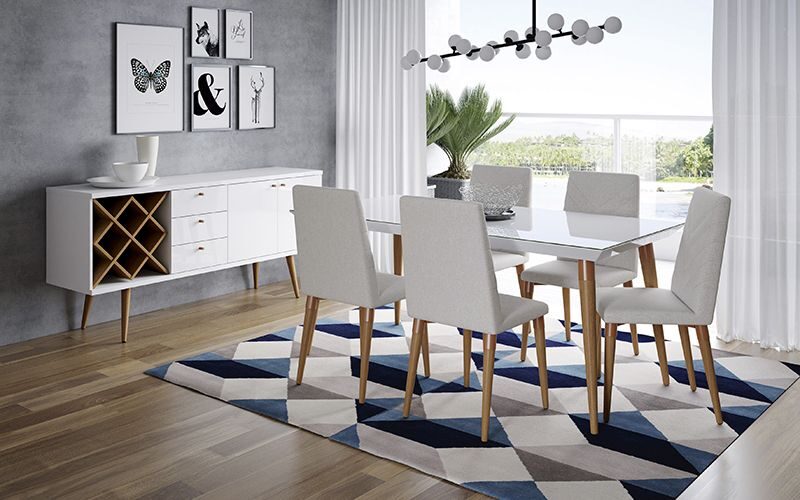 7-piece 62.99 dining set with 6 dining chairs in white gloss and beige by Manhattan Comfort